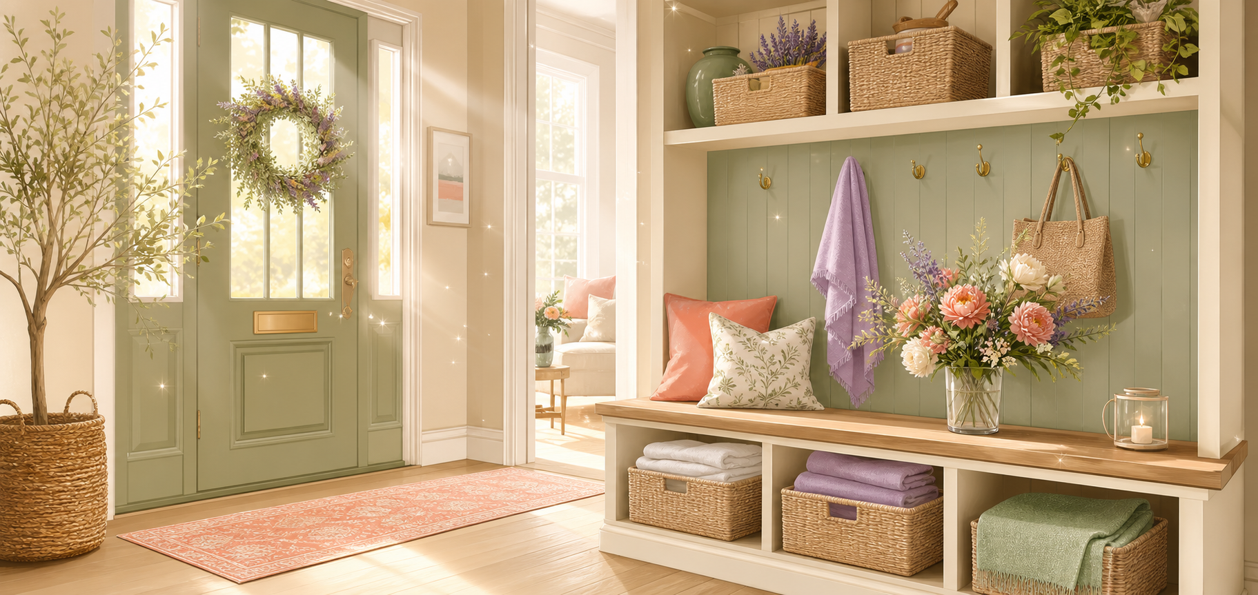 A whimsical organized entryway with baskets, folded linens, flowers, and soft sparkle details.